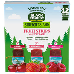 Black Forest Stretch Island Fruit Strips box front showing three flavors.
