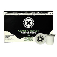 Black Insomnia extreme caffeine cups ready for Keurig brewers and bold flavor