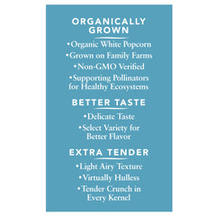 Black Jewell Organic Popcorn Select White packaging sides emphasize eco-friendly farming.