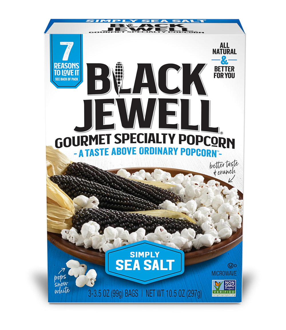 Black Jewell Simply Sea Salt popcorn bag ready for convenient microwave snacking.