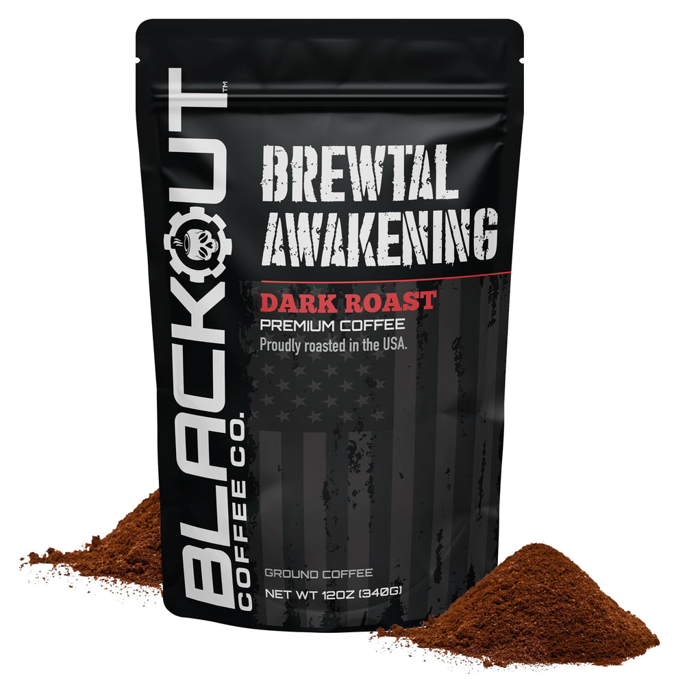 Blackout Coffee Brewtal Awakening bag front shows bold dark roast for energizing mornings.