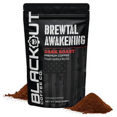 Blackout Coffee Brewtal Awakening bag front shows bold dark roast for energizing mornings.