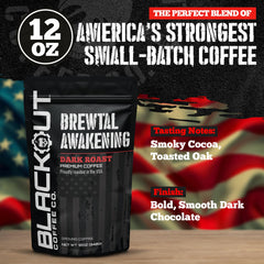Steaming cup of Brewtal Awakening signals bold flavor and caffeine kick.