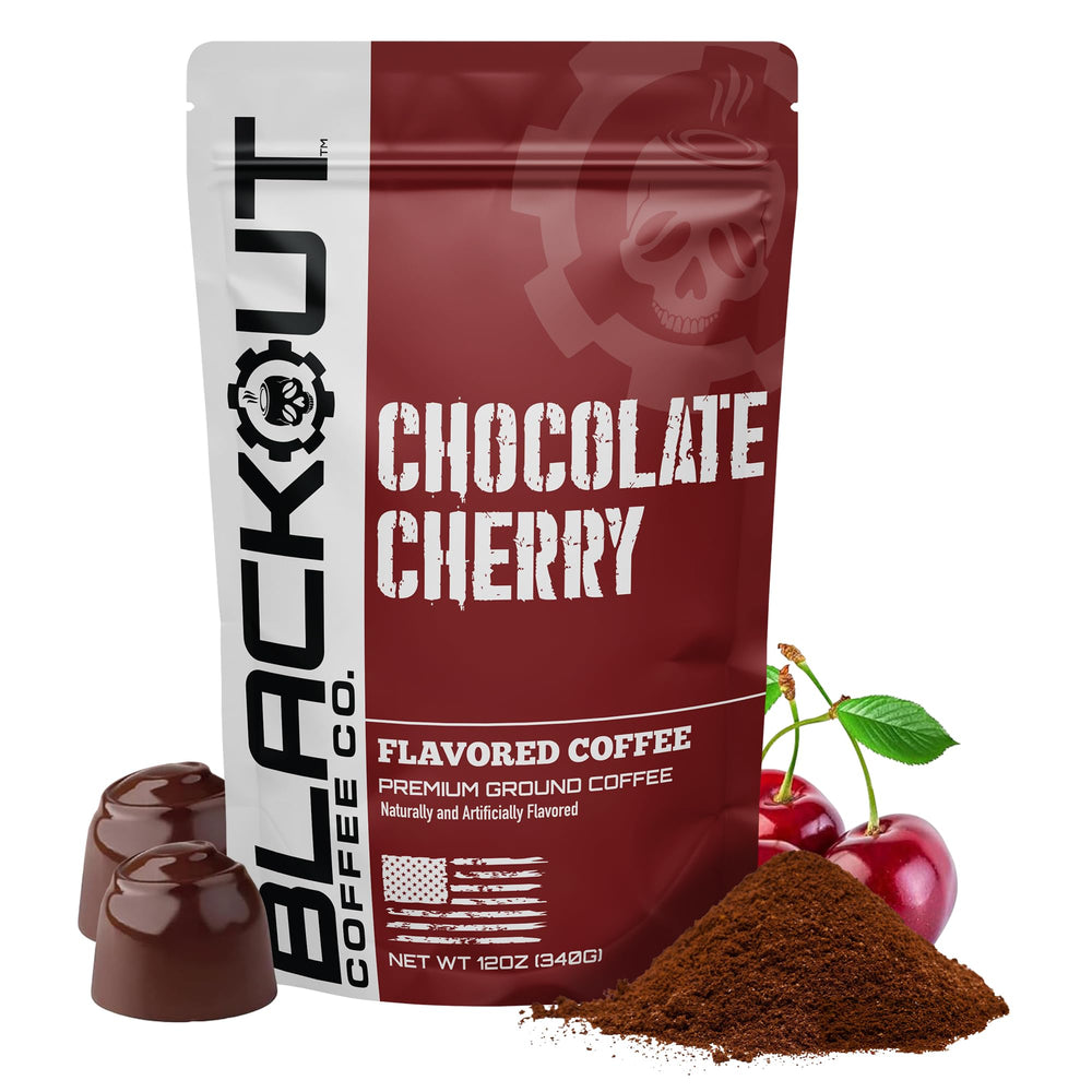 Blackout Coffee Chocolate Cherry bag front showing smooth, chocolate-cherry flavor for drip brewing.