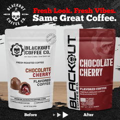 Blackout Coffee Chocolate Cherry beans close-up highlighting premium Arabica for a rich, balanced cup.