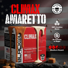 Blackout Coffee CLIMAX Amaretto pod being poured into a cup for a smooth experience