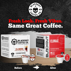 Blackout Coffee CLIMAX Irish Cream and Kahlua pods closeup highlighting premium aroma