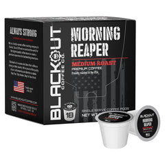 Blackout Coffee Co Morning Reaper pods closeup highlighting bold aroma for a smooth morning.