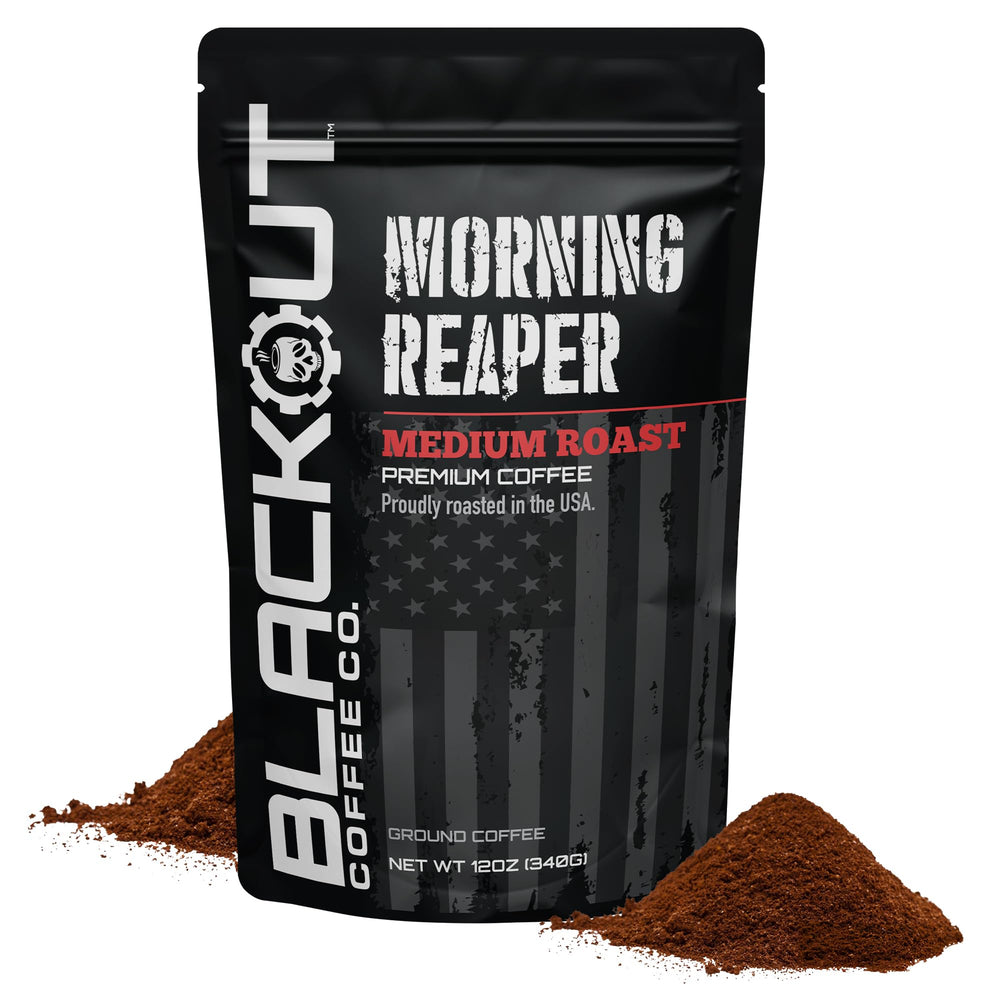 Blackout Coffee Morning Reaper ground coffee bag showing bold flavor to start your day