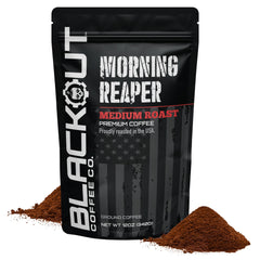 Blackout Coffee Morning Reaper ground coffee bag showing bold flavor to start your day
