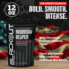 Blackout Coffee Morning Reaper steaming cup delivers bold aroma.