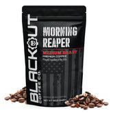Blackout Coffee Morning Reaper whole bean bag ready for peak aroma.