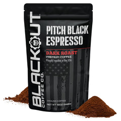 Blackout Coffee Pitch Black Espresso bag with bold aroma for energized mornings.