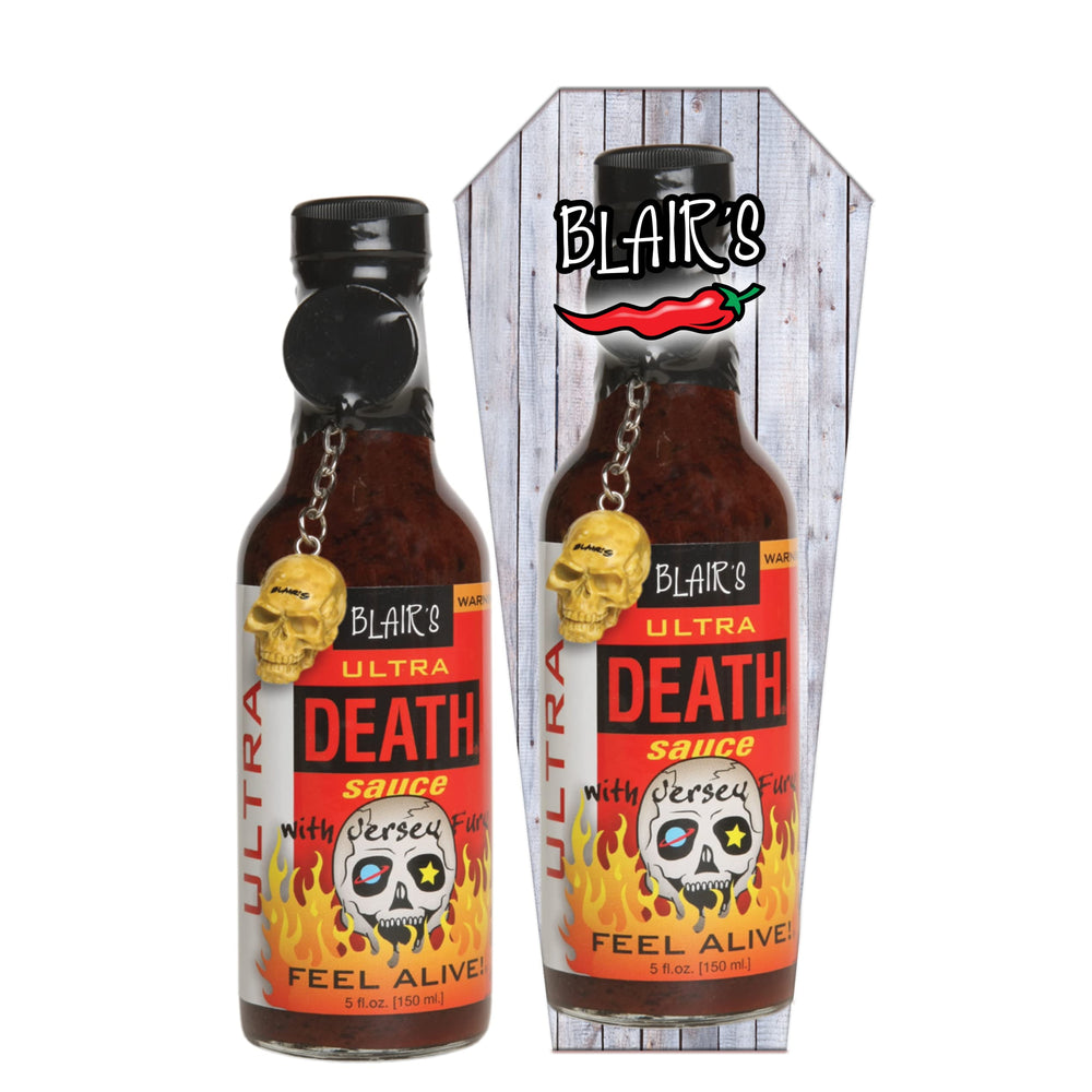 Blair's Ultra Death Sauce bottle front displays bold branding and extreme heat.