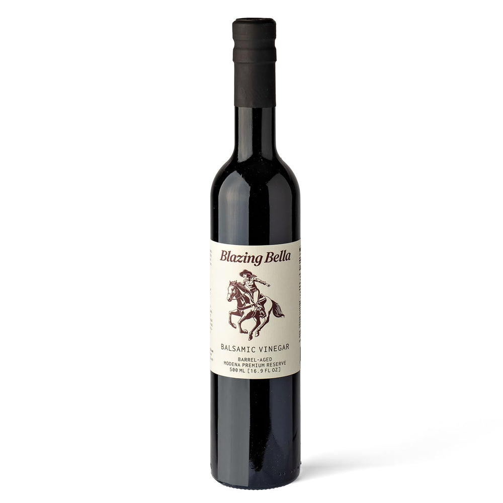 Blazing Bella bottle showcases barrel aged balsamic's rich depth for everyday cooking.