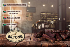Bledie Lekker Biltong Chunks ingredients label showing USDA approval and shelf-stable format.