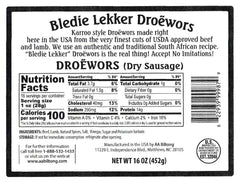 Bledie Lekker Droewors back label shows USDA certification for quality.
