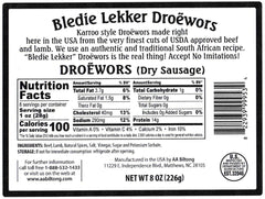 Bledie Lekker Droewors sliced closeup, smoky, savory slices ready for quick bites.