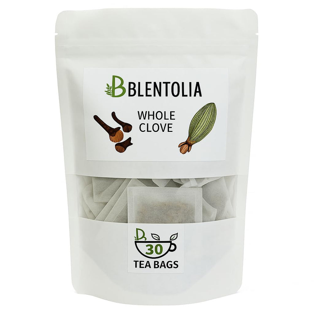 Blentolia whole clove tea bags packaging; 100% natural and caffeine-free option.