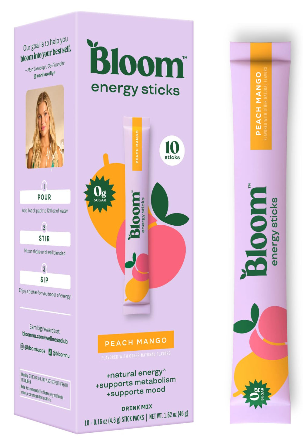Bloom Nutrition Peach Mango energy stick ready for on-the-go use and a refreshing lift