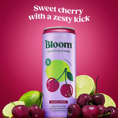 Bloom Nutrition Sparkling Energy Cherry Lime pour captured showing fizz and flavor