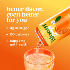 Six-pack of Bloom Pop Classic Orange on shelf, convenient low-calorie choice.