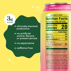 Bloom Pop Raspberry Lemonade can front label showing flavor and gut-friendly ingredients.