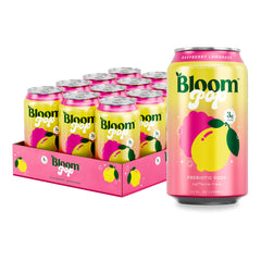 Bloom Pop Raspberry Lemonade can side view, refreshing prebiotic soda option.