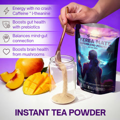 BloomBoost Yerba Mate glass highlights energizing aroma with tropical mango-peach notes.