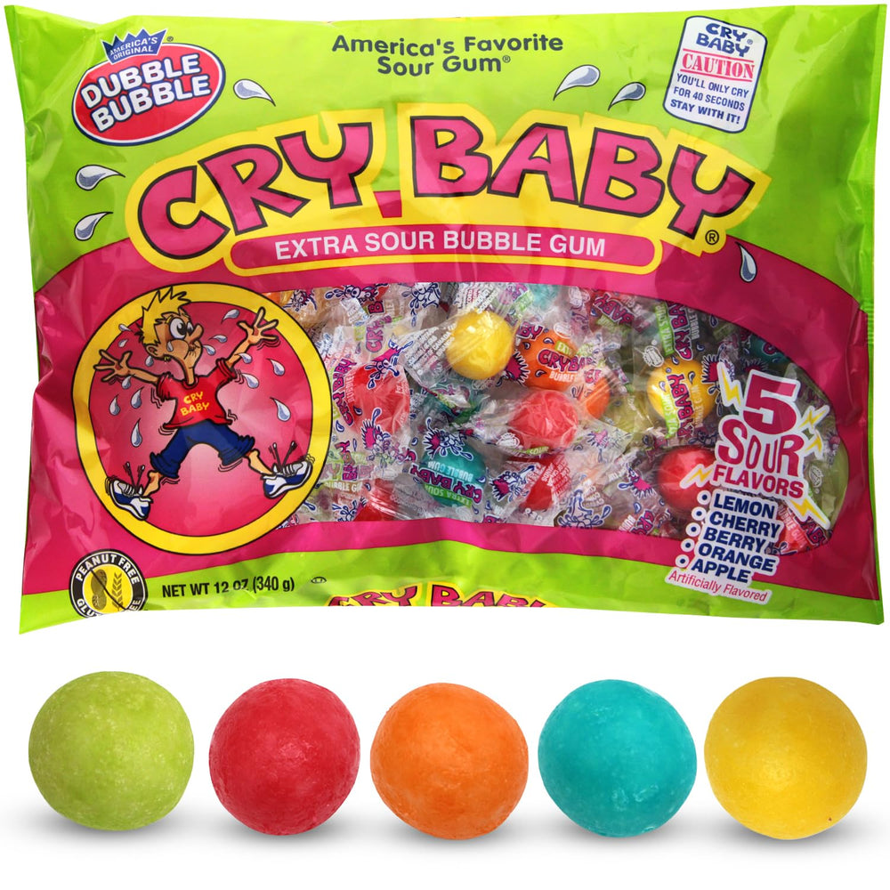 Bloom's Cry Baby Extra Sour Bubble Gum bag front display for tangy snacking.