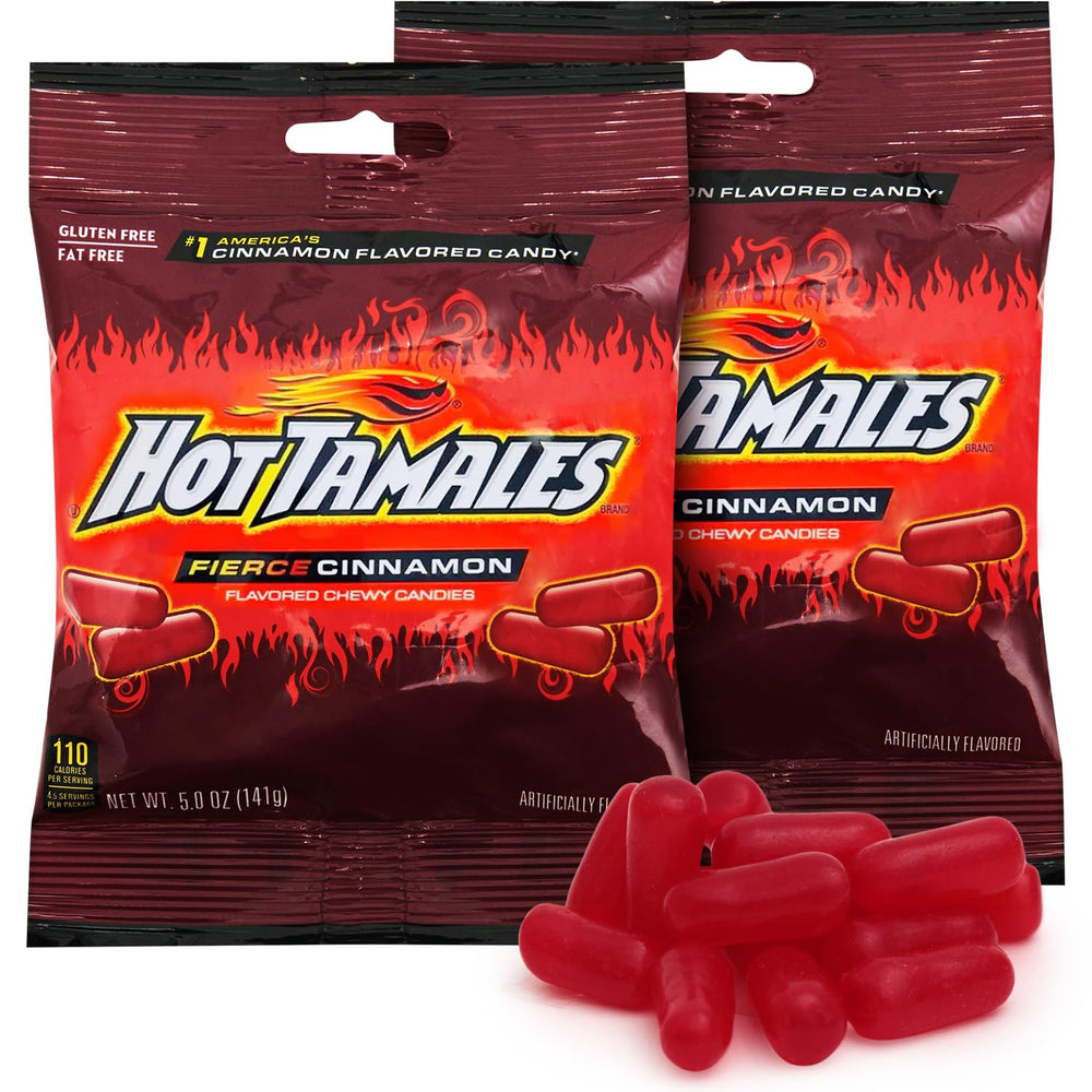 Bloom's Hot Tamales Fierce Cinnamon two-pack with four five-ounce mini boxes for easy snacking.