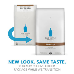 Blue Bottle Whole Bean Organic coffee being poured for smooth home brew.