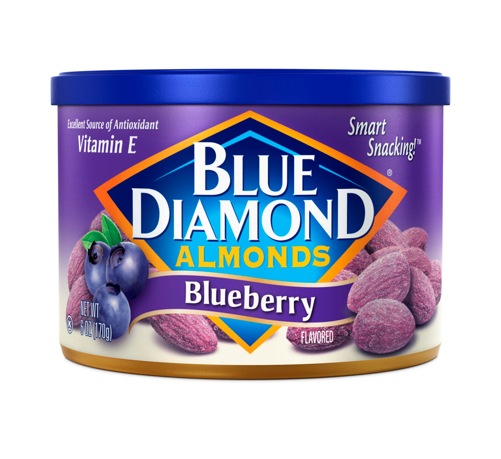 Blue Diamond Almonds blueberry flavor can front, gluten-free snack with antioxidants.