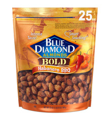 Blue Diamond Almonds Habanero BBQ bag showing bold spicy coating for snacking.