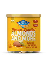 Blue Diamond Almonds Honey Roasted Deluxe can closeup highlights convenient on-the-go snack