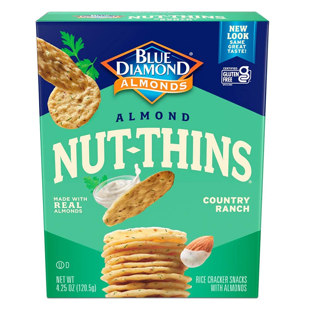 Blue Diamond Nut Thins Country Ranch crackers offer a crisp almond bite, perfect with dips.