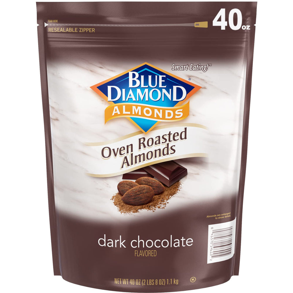 Blue Diamond Almonds oven roasted dark chocolate bag for convenient snacking on the go.