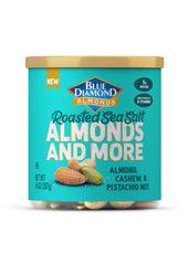 Blue Diamond Almonds deluxe roasted salted mix can, ready for on-the-go snacking.