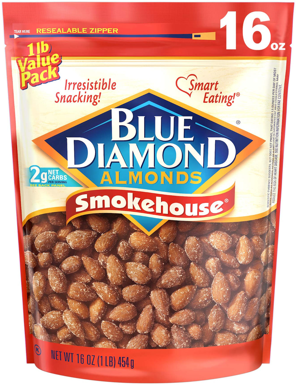 Blue Diamond Smokehouse almonds bag front, gluten-free snack ready to enjoy