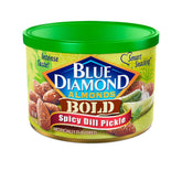 Blue Diamond Almonds Spicy Dill Pickle container close-up, bold flavor for a protein-rich on-the-go snack.