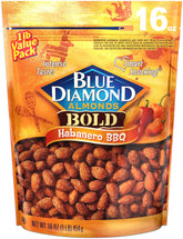 Blue Diamond Bold Habanero BBQ almonds in a bag for bold, spicy snacking.