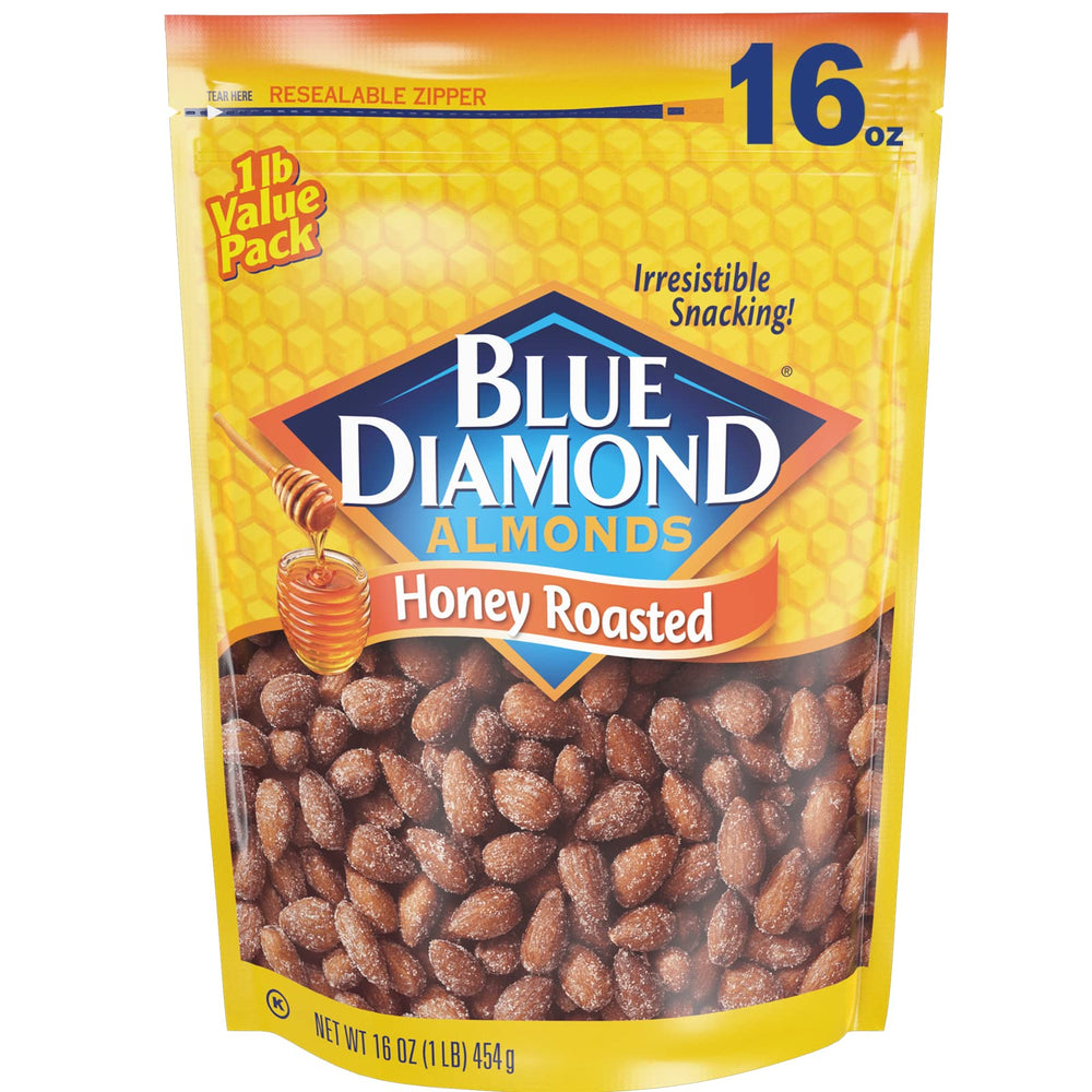 Blue Diamond Honey Roasted Almonds bag with golden honey glaze and crunch, a high-protein snack option