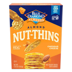 Blue Diamond Nut Thins Cheddar cracker crunch, ideal for quick snack breaks.