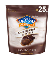 Blue Diamond Oven Roasted Dark Chocolate Almonds bag shows resealable convenience for freshness.