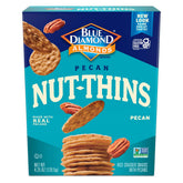 Blue Diamond Pecan Thins cracker box on shelf for easy grab-and-go snacking.