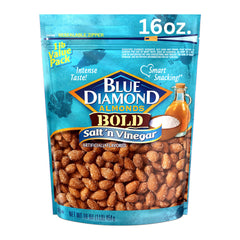 Blue Diamond Salt N' Vinegar almonds in bag front, tangy flavor preview