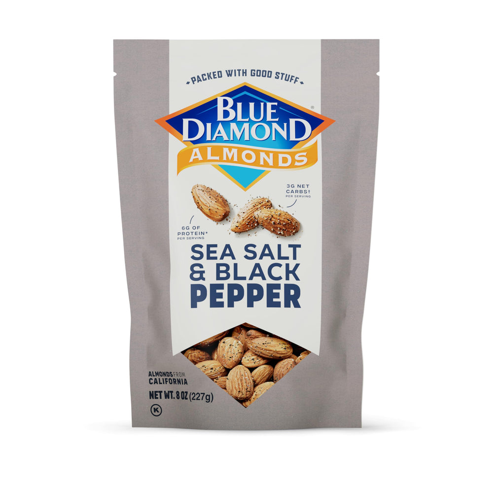 Blue Diamond Sea Salt Black Pepper almonds bag ready for on-the-go snacking.