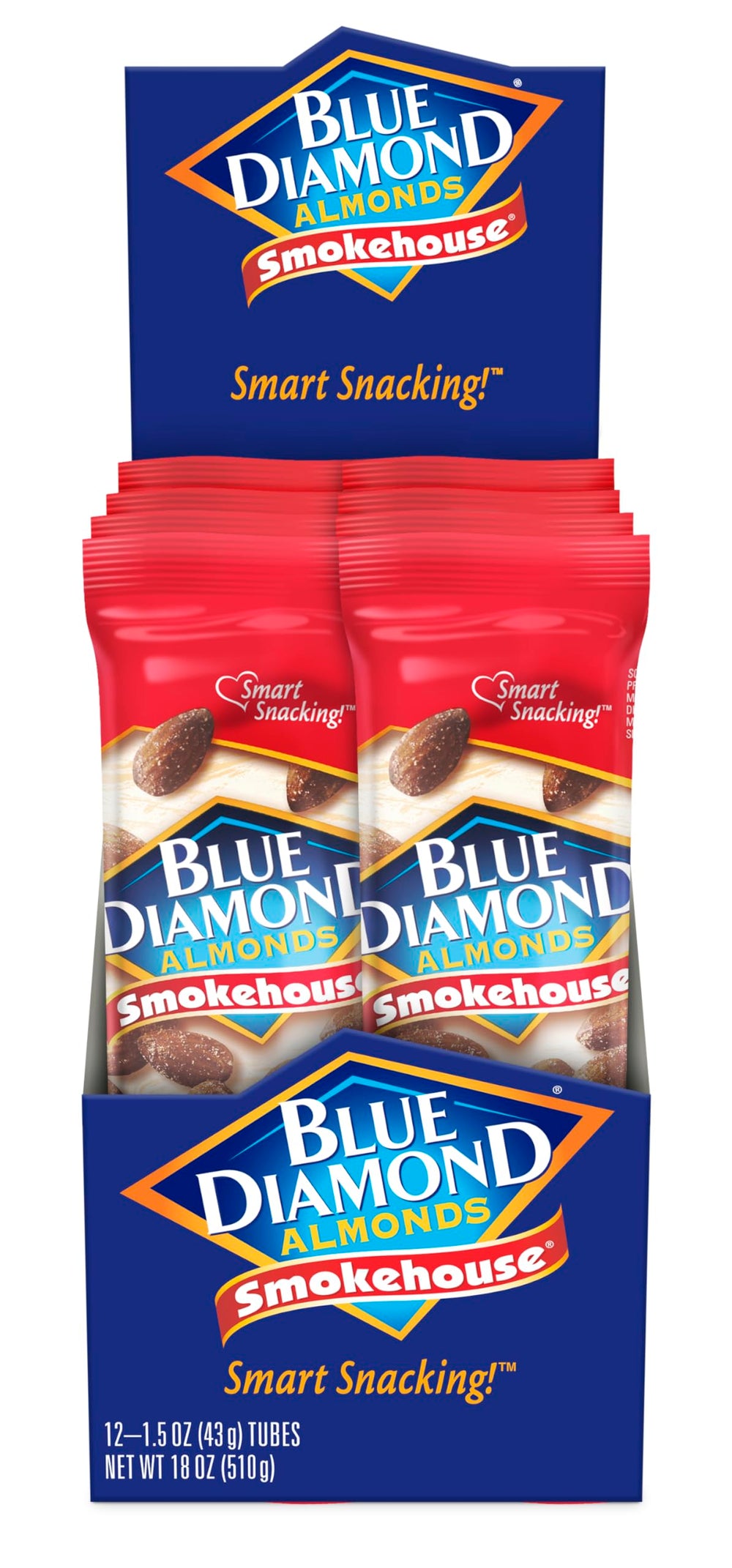 Blue Diamond Smokehouse almonds packaging view highlighting convenient 12-pack
