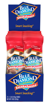 Blue Diamond Smokehouse almonds packaging view highlighting convenient 12-pack