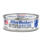 Blue Harbor Fish Co. wild albacore tuna can label highlights sea salt, ideal for quick meals